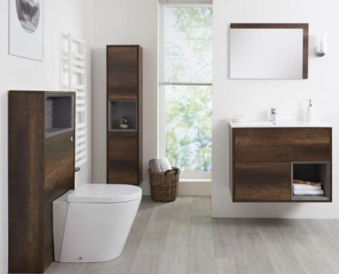 Set Bagno Colore Rovere Scuro Completo di Mobile Lavabo 800mm, Mobile Murale 1500mm, Mobile WC, Specchio, Lavabo, Sanitario e Cassetta - Hoxton